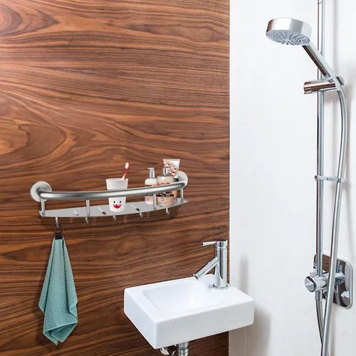 Miniatura 7 de Barra de seguridad de níquel cepillado de 18 pulgadas con estante de almacenamiento para bañera o ducha, orificios de drenaje, acero inoxidable