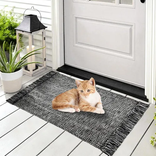 Miniatura 6 de MitoVilla Alfombra bohemia de baño de 2 x 6 pies, color blanco y negro, alfombra tejida de algodón para sala de estar, alfombras de cocina lavables