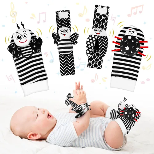 Juguetes para bebés de 0 a 6 meses – Juego de calcetines de sonajero de muñeca de alto contraste para bebés de 3 meses, sonajeros sensoriales de