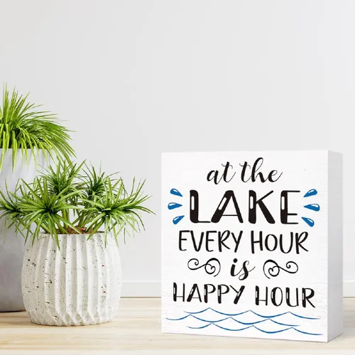 Miniatura 7 de Letrero de madera con texto en inglés "Lake Every Hour is Happy Hour", decoración de escritorio para el hogar, dormitorio, oficina, escritorio