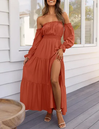 Miniatura 42 de ZESICA - Vestido largo, bohemio y sexy, con hombros descubiertos y manga larga fruncida, con elástico fruncido, cintura alta y abertura lateral