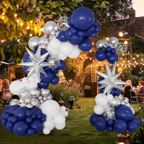 Miniatura 3 de Kit de arco de guirnalda de globos de color azul marino y plateado, 146 globos de color azul rey metálico plateado y blanco con globos plateados