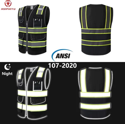 Miniatura 4 de Chaleco de seguridad negro reflectante de alta visibilidad de malla para hombres y mujeres, con 9 bolsillos y cremallera, chaleco de construcción