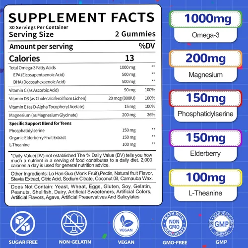 Miniatura 2 de Gomitas Omega-3 de 1000 mg para adolescentes: alternativa vegana al aceite de pescado Omega 3 Suplementos con algas Omega 3 EPA DHA Vitamina D3 C