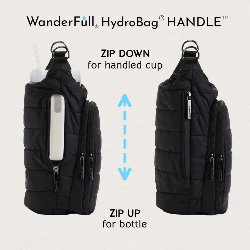 Miniatura 7 de WanderFull® Ranura con cremallera original HydroBag® HANDLE™ para mango, soporte para botella de agua cruzado manos libres y accesorios para vasos
