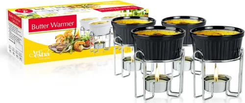 Artestia Juego de calentadores de mantequilla, calentador de mantequilla de cerámica de 4 piezas con velas de té, suministros de fiesta de hervir B.
