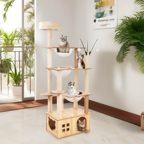 Miniatura 6 de Árbol de madera para gatos de 66.8 pulgadas con condominio para gatos, escaleras para gatos, 3 cuencos, juguetes, postes rascadores de sisal