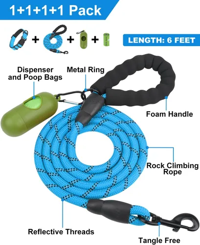 Miniatura 3 de Dynmeow Juego de collar y correa reflectante para perro, correa de cuerda de escalada fuerte de 6 pies con mango acolchado, collar ajustable