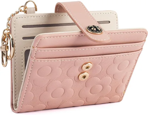 Miniatura 8 de Cartera RFID para mujer, delgada y pequeña, de piel con estampado de flores, plegable, compacta, con tarjetero y bolsillo para monedas, color marrón