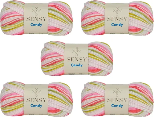 Sensy Candy Yarn - Hilo de 5 madejas, 3.5 onzas, 251 yardas, multicolor para ganchillo y tejido, calibre ligero 3