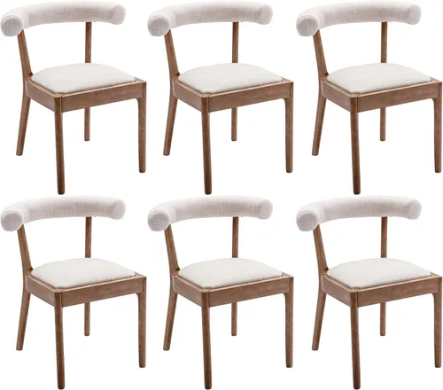 Miniatura 16 de Kmax Sillas de comedor de mediados de siglo, sillas de cocina de tela moderna con marco con acabado de nogal natural, respaldo curvado de lino, beige