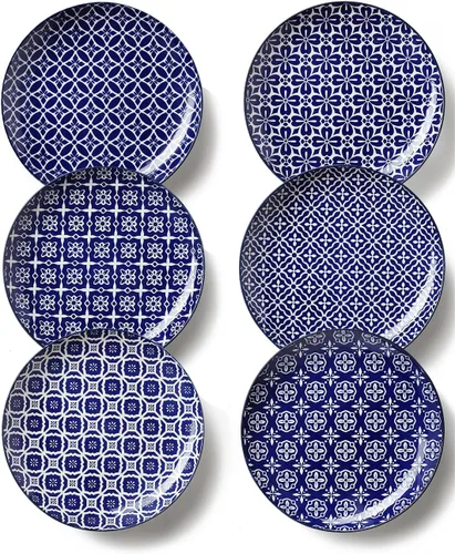 Metahom Platos de cerámica de 10 pulgadas, juego de platos de porcelana azul y blanca, platos para servir pasta, panqueques, carne, ensalada, juego