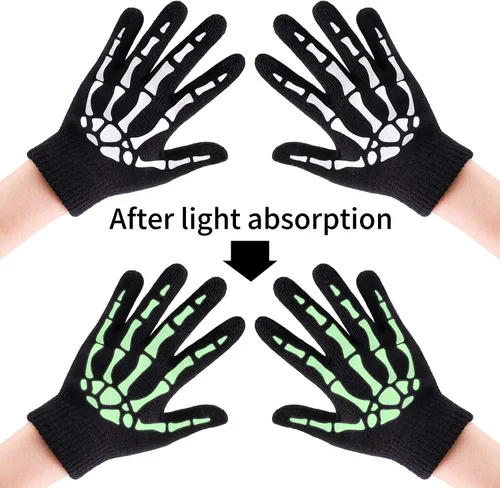 Miniatura 5 de Cooraby 3 pares de guantes de esqueleto para pantalla táctil, para Halloween, que brillan en la oscuridad, guantes de hueso de calavera de dedo