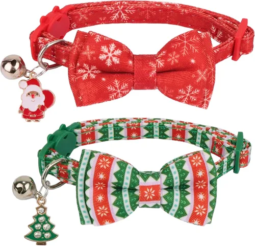Miniatura 6 de ADOGGYGO Collar navideño para gato con campana de lazo, paquete de 2 collares de Navidad para gatito rojo y verde