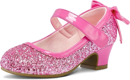 Miniatura 16 de K KomForme Zapatos de vestir para niñas con purpurina Mary Jane tipo pump con lazo, tacón bajo para fiestas y bodas, zapatos de princesa