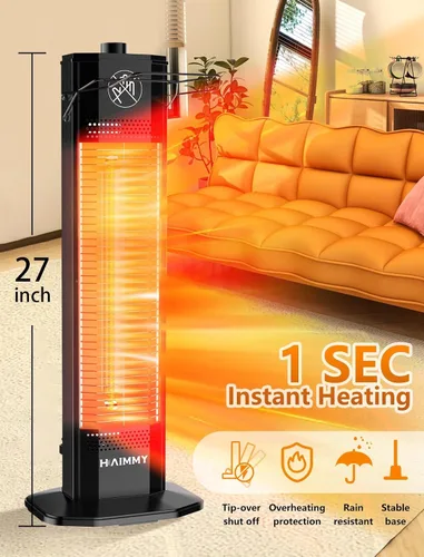 Miniatura 2 de Calentador eléctrico para patio al aire libre, calentador eléctrico de patio de 27 pulgadas, calefacción instantánea de 1200 W, 2 niveles de calor