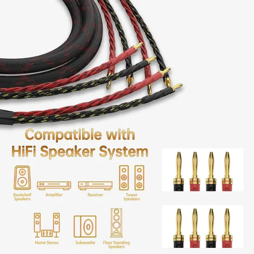 Miniatura 6 de Tertullus 1 par de cable de altavoz trenzado OFC de alta fidelidad con enchufe banana a enchufes banana para amplificador de altavoz, conciertos