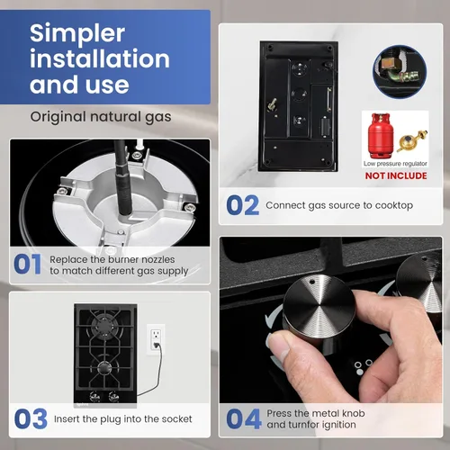 Miniatura 7 de Placa de cocina de gas con 2 quemadores, estufa de gas integrada de 12000 W, estufa de gas de vidrio templado de cristal negro, estufa de propano