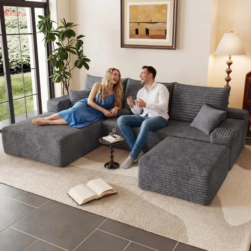 Miniatura 60 de Sofá modular Cloud de 95 pulgadas con otomana, moderno sofá nube en forma de U con asiento profundo, cómodo sofá de pana de 3 plazas, sofá de espuma