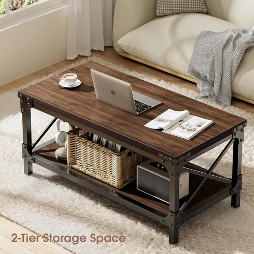 Miniatura 6 de Mesa de café rectangular para sala de estar, mesa de café rectangular de madera, mesa central moderna de 2 niveles de color marrón oscuro con Nogal