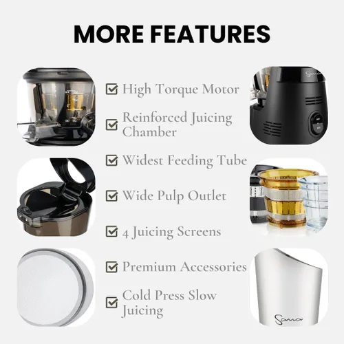 Miniatura 5 de SANA Exprimidor vertical prensado en frío 868 de boca ancha Sistema patentado de puerta trampa Incluye 2 accesorios premium Motor de alto par