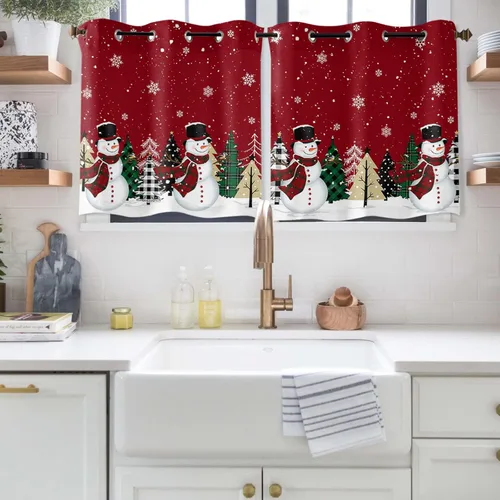 Miniatura 16 de Libaoge Cortinas de Navidad para cocina, dormitorio, juego de 2 paneles, diseño de muñeco de nieve de Navidad, cortinas de invierno con copos