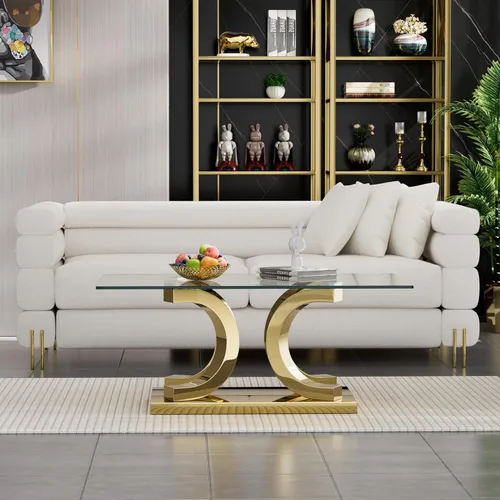 Miniatura 113 de Mesa de centro de cristal de lujo, mesa de centro de sofá de 47 pulgadas con marco de acero inoxidable dorado y parte superior de vidrio negro, mesa
