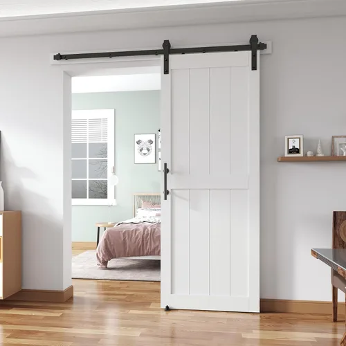 Miniatura 20 de Puerta corredera de granero de 28 x 84 pulgadas con kit de herrajes para puerta de granero de 5 pies, mango y guías de suelo, agujeros Blanco