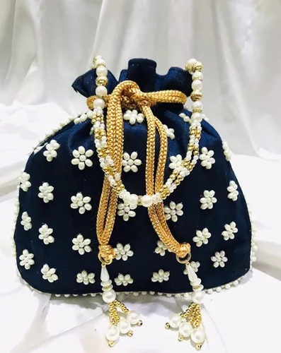 Miniatura 2 de Bolsa de algodón de seda artística. Esta elegante pieza bordada a mano con perlas alrededor y cuentas funcionan con mango de perla.