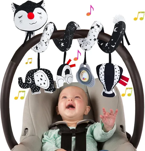 Juguetes de asiento de automóvil para bebés de 0 a 6 meses, juguetes de bebé de alto contraste en blanco y negro colgantes para cuna y cochecito,