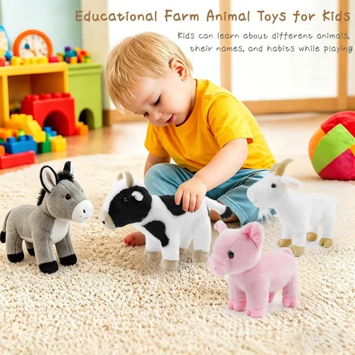 Miniatura 6 de Juego de 4 animales de peluche de granja de 8 pulgadas – cerdo, cabra, vaca y burro, juguetes ultrasuaves y lavables para niños, adorable decoración
