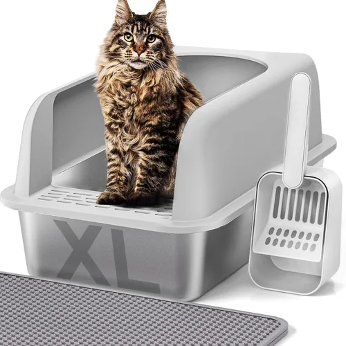 Miniatura 11 de Henkelion Caja de arena para gatos de acero inoxidable con tapa, caja de arena extra grande para gatos grandes con lados altos, antiadherente
