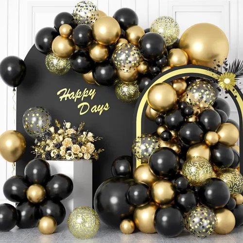 Togvu - Kit de guirnalda de globos negros y dorados, 122 piezas de globos de látex con confeti negro metálico dorado de 18/12/10/5 pulgadas para