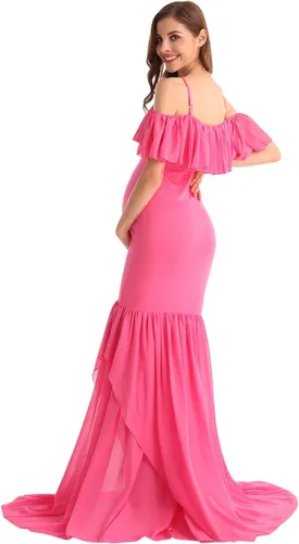 Miniatura 12 de MYRISAM Vestido de maternidad con volantes y hombros descubiertos para mujer, vestido de fiesta de sirena de gasa, vestido ajustado