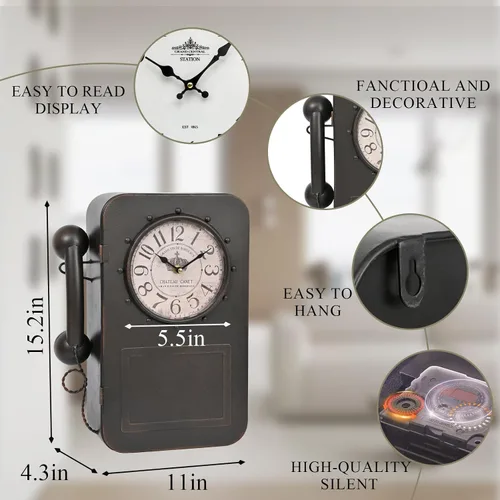 Miniatura 3 de Reloj de pared para teléfono vintage con caja fuerte de almacenamiento oculto, armario retro con cerradura para llaves montado en la pared