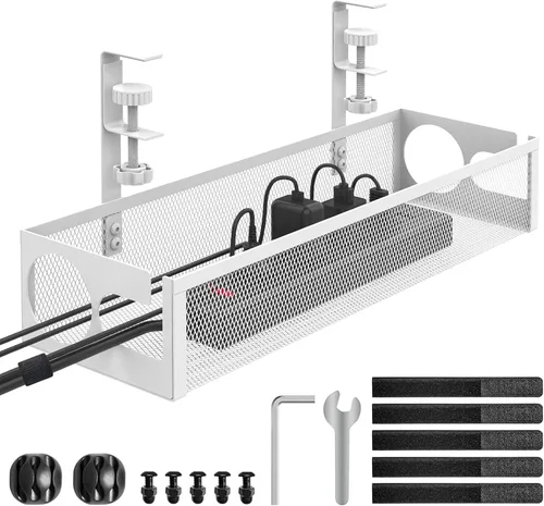 Miniatura 8 de Bandeja de organización de cables para debajo del escritorio, sin taladro, 15.1 pulgadas, caja de organización de cables de malla metálica con Negro