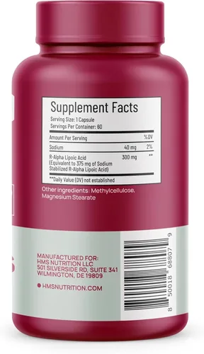 Miniatura 4 de HMS Nutrition Ácido R-lipoico estabilizado de 300 mg por porción, ácido R alfa lipoico puro (R-ALA) de alta potencia activo R isómero, antioxidante