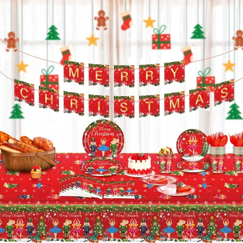 Miniatura 5 de Ziliny 172 piezas de suministros de fiesta de cascanueces – Cartel de Feliz Navidad, mantel, vajilla desechable, servilletas para fiestas temáticas