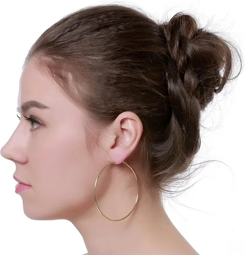 Miniatura 4 de Delicados aretes de aro grandes de plata de oro amarillo de 14 quilates de 2.756in para mujeres y niñas, con orejas sensibles, circulares redondos