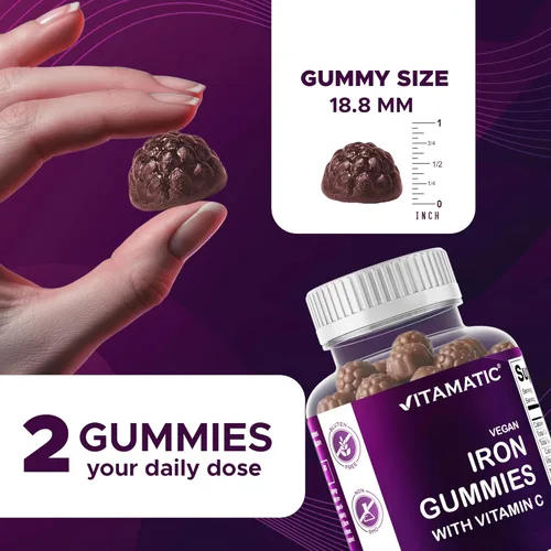 Miniatura 4 de Vitamatic Suplemento de gomitas de hierro de 65 mg para mujeres y hombres, 60 gomitas veganas, vitaminas de gomitas de hierro de gran sabor