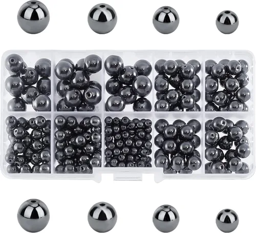 PH PandaHall Cuentas de hematita sintética negra, 316 cuentas redondas de piedras preciosas de 4 tamaños, cuentas sueltas con agujero de 0.04 a