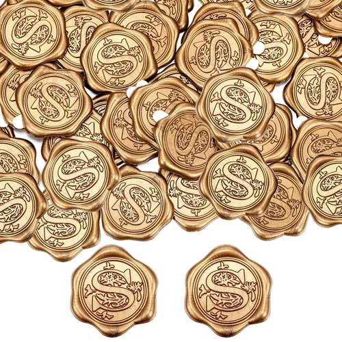 Miniatura 24 de Yoption 50 piezas de pegatinas de sello de cera inicial G, pegatinas de sello autoadhesivas de letra dorada retro antigua para sobres, para bodas