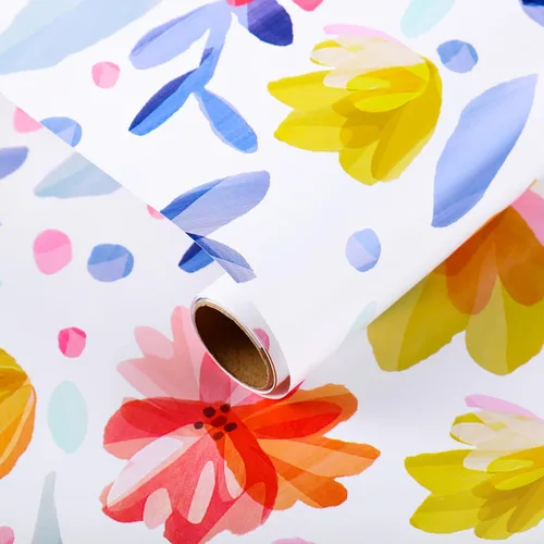 Miss DuiDui Foral - Rollos de papel de regalo, 17 pulgadas x 32.8 pies, multicolor, diseño de flores de acuarela para cumpleaños, despedida de