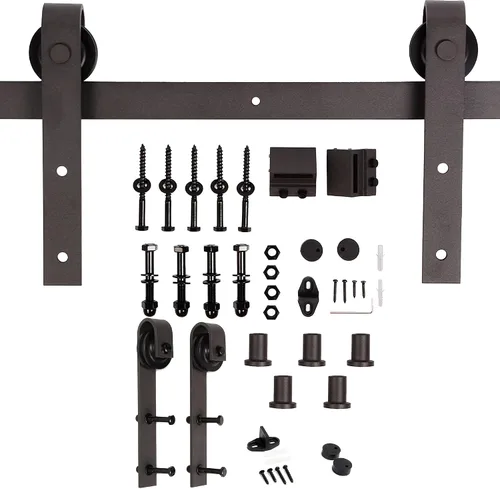 Miniatura 4 de Serie K de 60 x 84 pulgadas (30 x 84 pulgadas x 2 paneles) Puerta corredera clásica de madera maciza con acabado de nogal con riel de herrajes