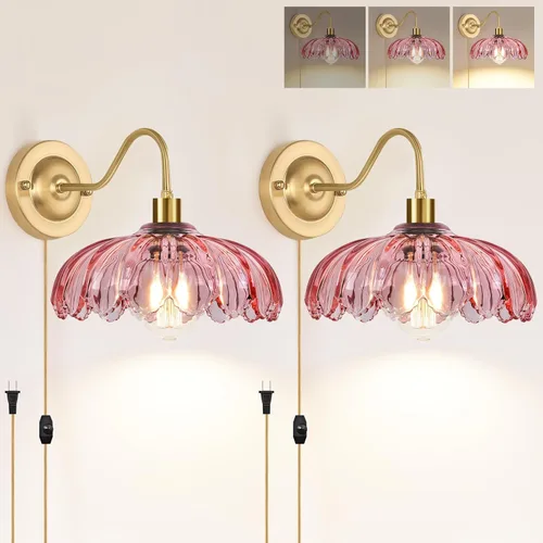 ZECOXOL Juego de 2 apliques de pared vintage enchufables, lámparas de pared de vidrio con pantalla de flores y cable de enchufe regulable, apliques