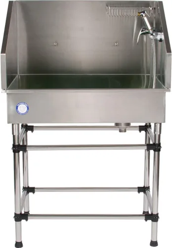 Flying Pig - Bañera de acero inoxidable de 38 pulgadas para perros y gatos (con grifo, rociador, estante para champú, trampa para el cabello)