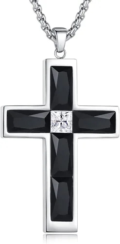 Miniatura 12 de Collar de cruz con piedra de nacimiento para hombre, collar de cruz de acero inoxidable 316L con colgante de cruz de circonia cúbica para mujer