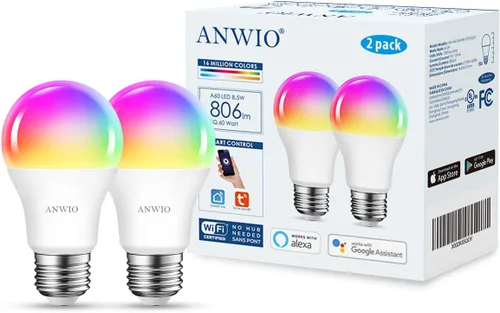 Miniatura 2 de ANWIO Bombillas inteligentes de 8.5 W (reemplazo de 60 W) A19 E26 bombilla LED funciona con Alexa, Google Assistant, aplicación Smart Life