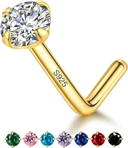 LUCKYJEWUS Anillos de nariz en forma de L de 14k chapado en oro con pernos de plata esterlina para mujeres y hombres 20g, perno de nariz en forma de