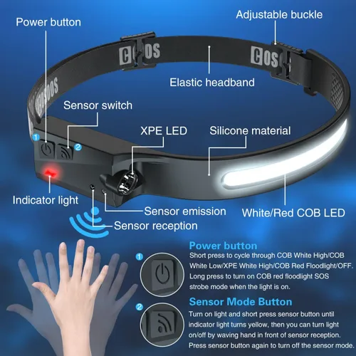 Miniatura 4 de COSOOS Original 2 linternas recargables para la cabeza con luz roja y estuche de transporte, linterna frontal LED brillante de 1000 lúmenes con haz